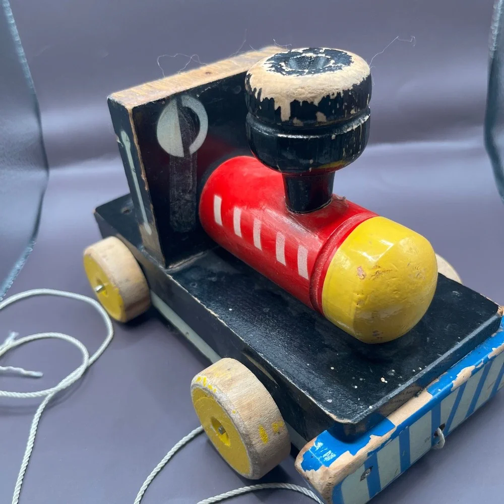 Vintage Wood‎ Train Toy Pull Toy Locomotive Engine Car Kids Decor